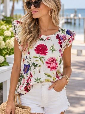 Christian Siriano New York Floral Linen Blend Ruffle Sleeve Top M Quiet Luxury